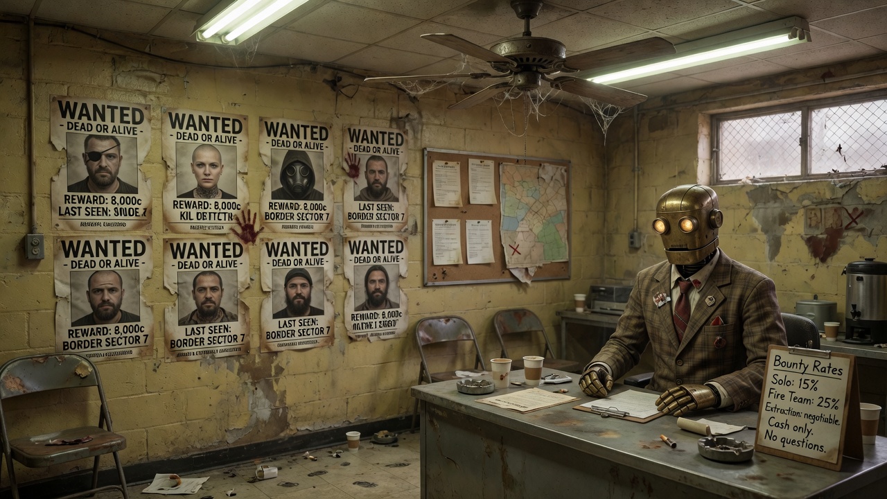 Close view of the mercenary hiring desk: the brass robot dispatcher with glowing eyes reviews a clipboard beside coffee cups, an ashtray, a rolled contract, and the handwritten bounty-rate board, with WANTED posters and a sector map on the stained office wall behind.