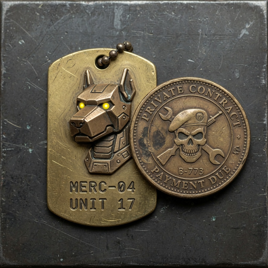 A scratched brass dog tag stamped MERC-04 UNIT 17 with a robotic hound head whose eyes glow yellow, lying beside a copper coin labeled PRIVATE CONTRACT PAYMENT DUE B-773 showing a skull in a beret crossed by a rifle and a wrench.